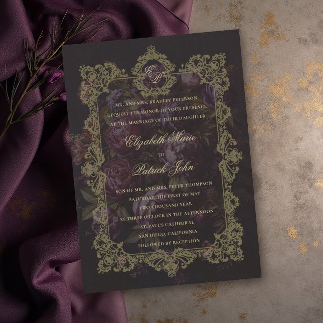 Düsterer viktorianischer Spitzen-Botanik-Wappen Du Einladung (moody wedding invitation victorian antique lace crest dark burgundy purple peony floral gold)