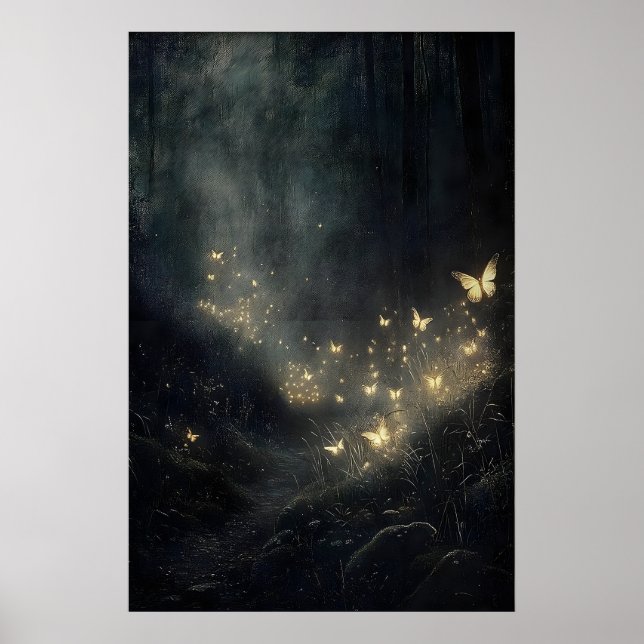Düsterer Wald mit Glühwürmchen und Schmetterlingen Poster (Vorne)