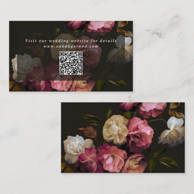 Düsteres, dunkles florales Hochzeitswebsite-QR-Cod Begleitkarte (Vorne/Hinten)