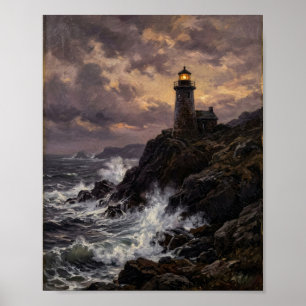Düsteres Küstenleuchtturm-Leuchtfeuer-Seelandschaf Poster