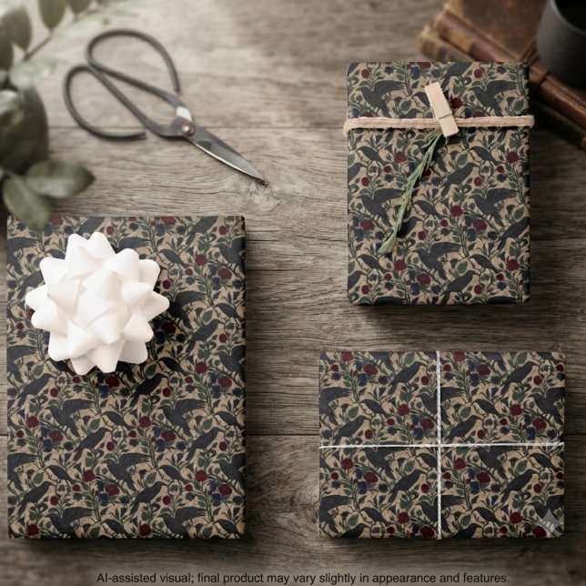 Düsteres Sepia-Botanik-Rabe Geschenkpapier Set (Botanical raven wrapping paper for literary birthdays and dark academia autumn celebrations.)
