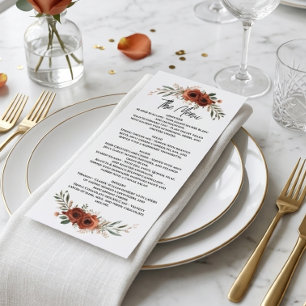 Düsteres Terrakotta-Blumen-Boho-Hochzeit Menükarte