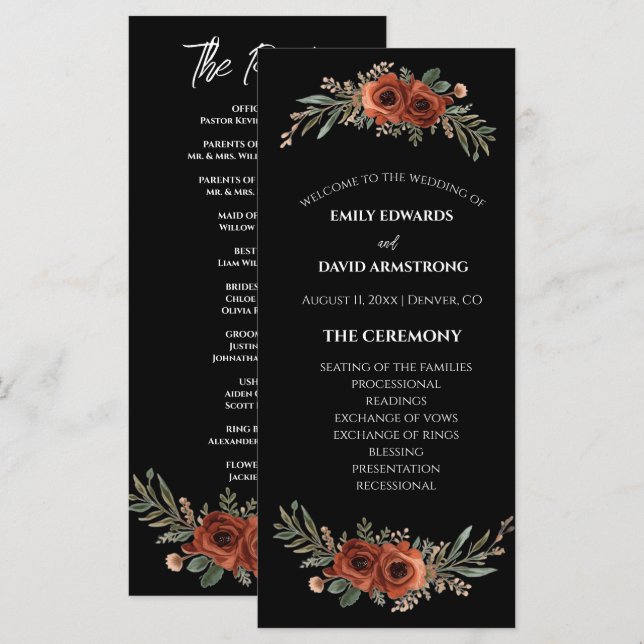 Düsteres Terrakotta-Blumen-Boho-Hochzeitsprogramm (Vorne/Hinten)