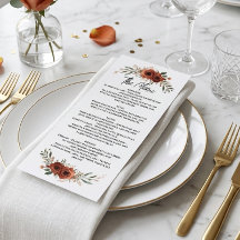 Düsteres Terrakotta-Boho-Blumenmenü Herbsthochzeit
