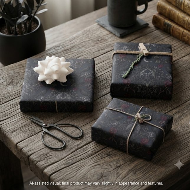 Düsterrote Damast-Raben-Rosen Geschenkpapier Set (Crimson damask raven wrapping paper for dark academia celebrations and literary birthdays.)