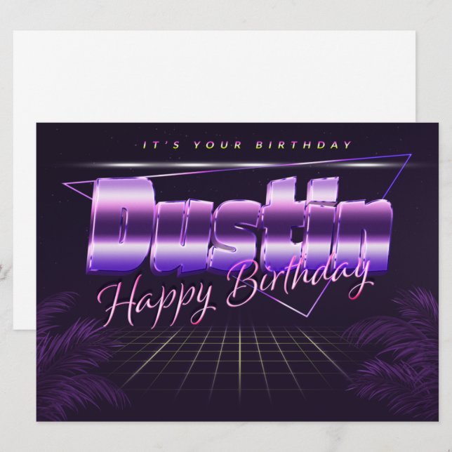 Dustin Name Vorname lila retro Karte Geburtstag (Vorne/Hinten)