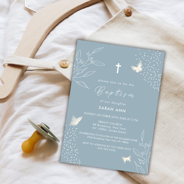 Dustry Blue Elegant Blätter Butterfly Cross Taufen Einladung (Dustry Blue Elegant Leave Butterfly Cross Baptism Invitation)