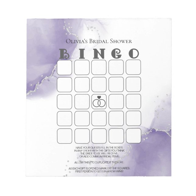 Dusty Amethyst Marble Brautparty Bingo Notizblock (Vorderseite)
