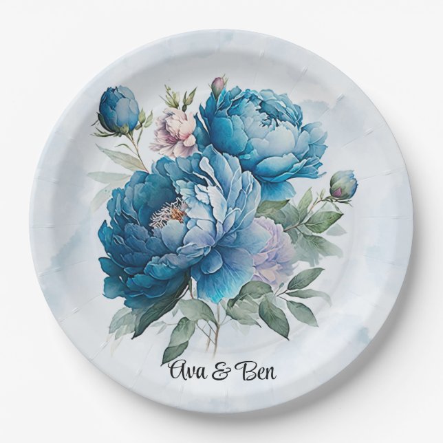 Dusty and Navy Wassercolor Peony Wedding Pappteller (Vorderseite)