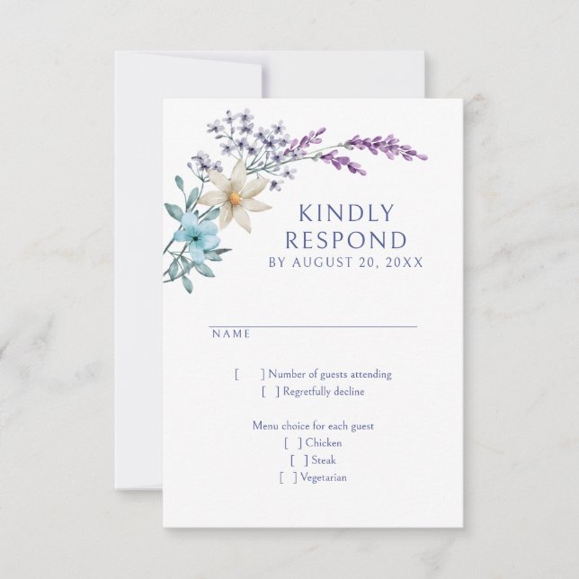 Dusty Aquamarin Blue Lavender Wildblumen Hochzeit RSVP Karte (Vorderseite)