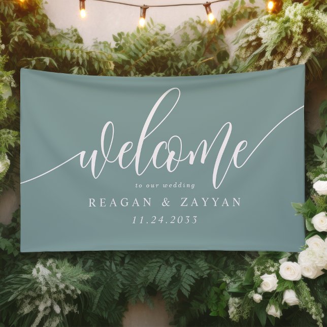Dusty Aquamarin Calligraphy Simple Wedding Willkom Banner (Von Creator hochgeladen)