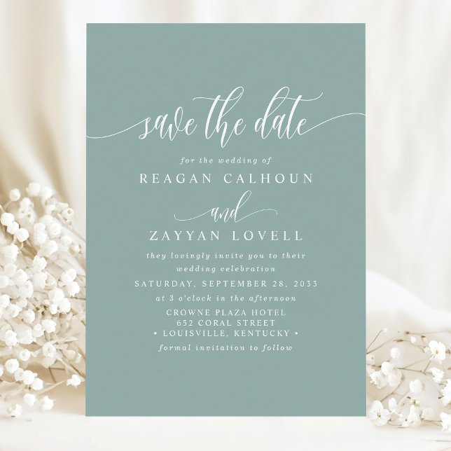 Dusty Aquamarin Elegant Calligraphy Save the Date (Von Creator hochgeladen)