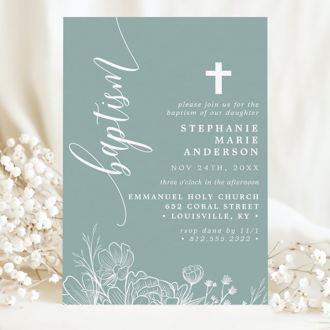 Dusty Aquamarin White Floral Elegante Script Taufe Einladung (Von Creator hochgeladen)