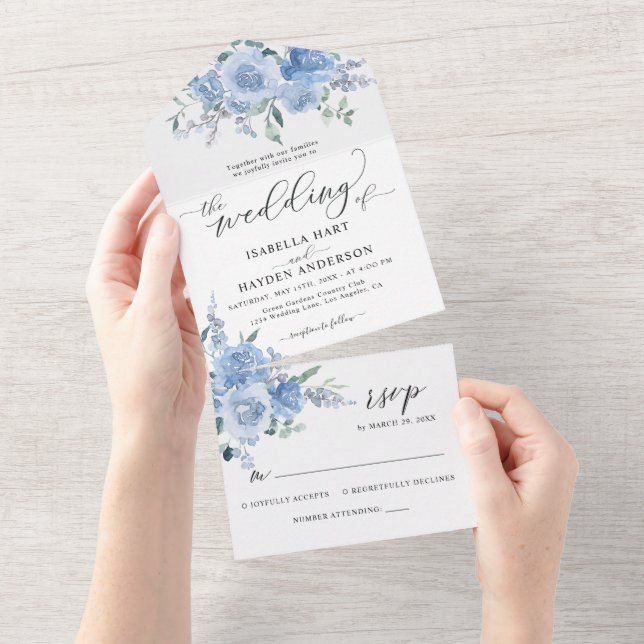 Dusty Baby Light Blue Floral Botanical Wedding All In One Einladung (Abreißen)