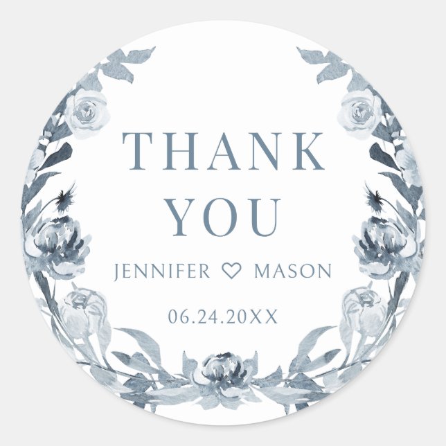 Dusty blau graue florale boho Hochzeit danke Runder Aufkleber (Vorderseite)