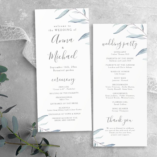 Dusty blau minimalgrün rustikales Hochzeitsprogram Menükarte (Dusty blue minimal greenery rustic wedding program)