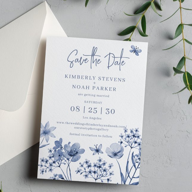 Dusty Blau Moderne Blumen einfache Hochzeit Save The Date (Von Creator hochgeladen)