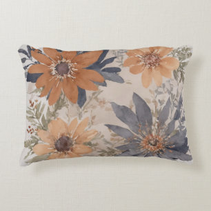 Dusty Blau und Orange Wasserfarben Blumen Dekokissen