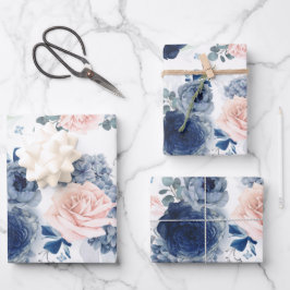 Dusty Blau und Rosa Blume Elegant Botanisch Geschenkpapier Set