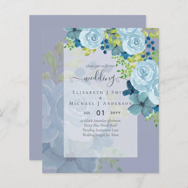 DUSTY BLAUE BLUWERS WEDD INVITES - HAUSHALT (Vorne/Hinten)