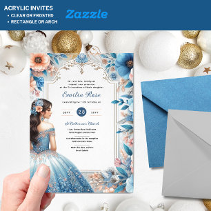 Dusty BLAUE Peach Quinceañera Kleid Blumenzange Acryleinladungen