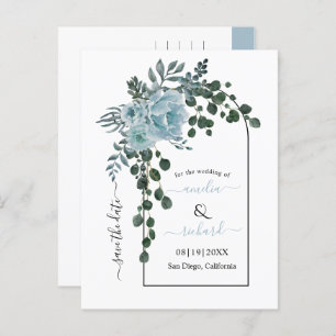 Dusty blauen Blumen Bogen Hochzeit Save the Date Postkarte