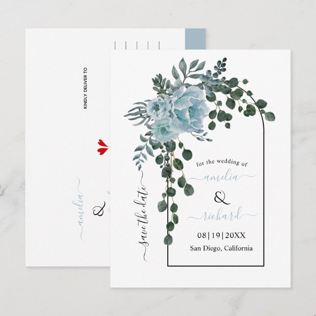 Dusty blauen Blumen Bogen Hochzeit Save the Date Postkarte (Vorne/Hinten)