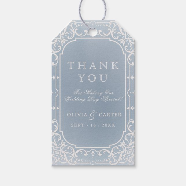Dusty blauen romantischen Jahrgang Hochzeit danke Geschenkanhänger (Vorderseite)