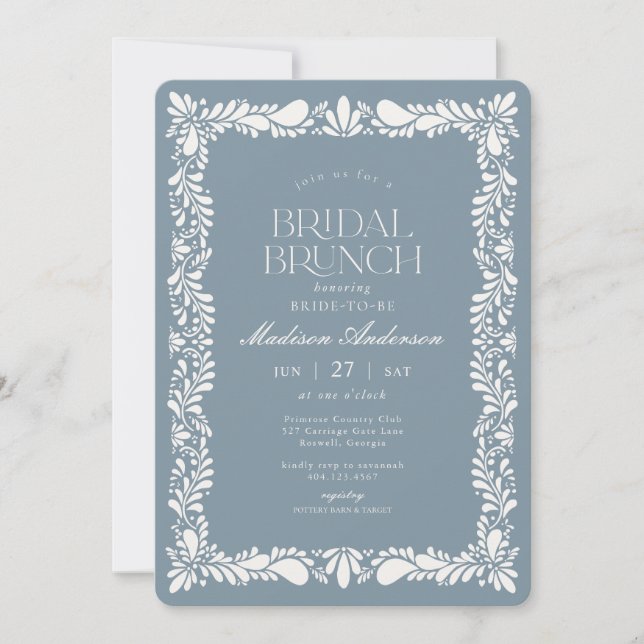 Dusty Blu Talavera Tile Fiesta Bridal Brunch Einladung (Vorderseite)