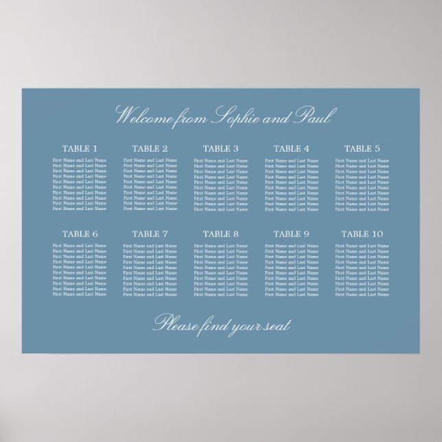 Dusty Blue 10 Table Wedding Seating Chart Poster (Vorne)