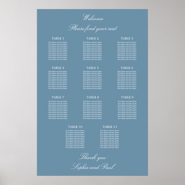 Dusty Blue 11 Table Wedding Seating Chart Poster (Vorne)