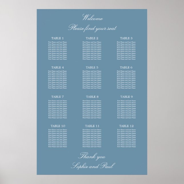 Dusty Blue 12 Table Wedding Seating Chart Poster (Vorne)