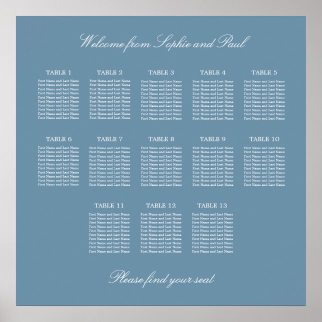 Dusty Blue 13 Table Wedding Seating Chart Poster (Vorne)