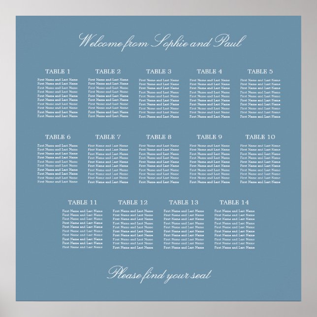 Dusty Blue 14 Table Wedding Seating Chart Poster (Vorne)