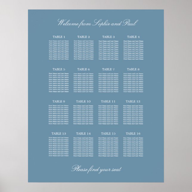 Dusty Blue 16 Table Wedding Seating Chart Poster (Vorne)