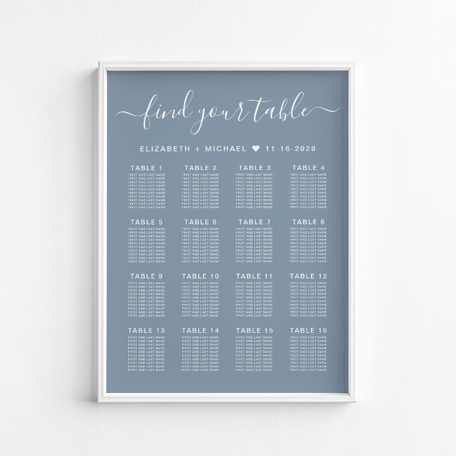 Dusty Blue 16 Table Wedding Seating Chart Poster (Von Creator hochgeladen)