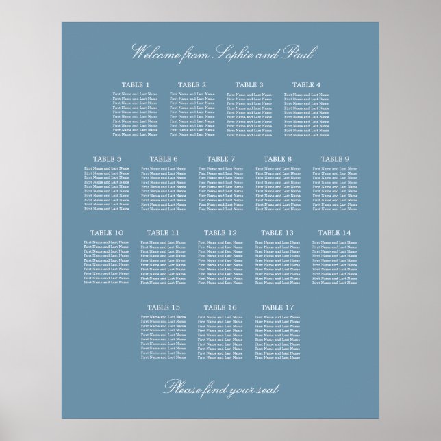 Dusty Blue 17 Table Wedding Seating Chart Poster (Vorne)