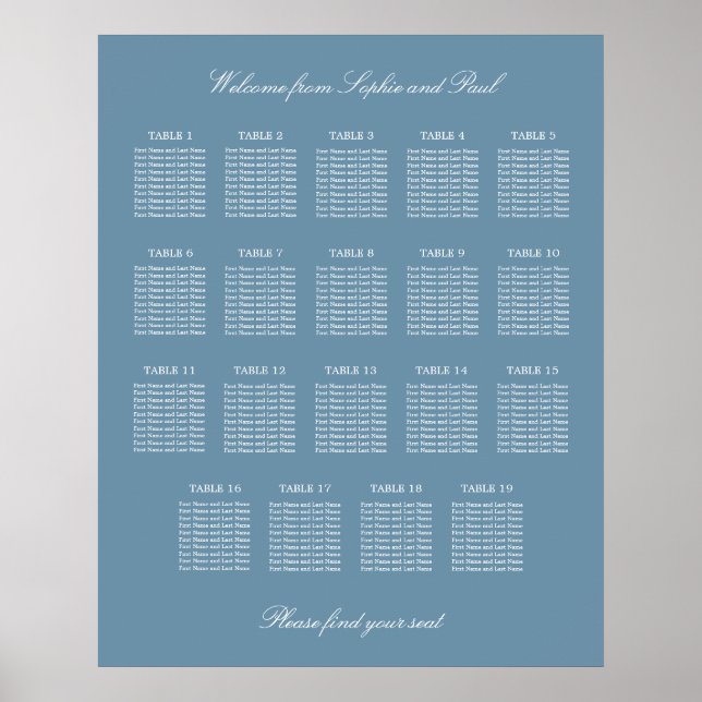 Dusty Blue 19 Table Wedding Seating Chart Poster (Vorne)