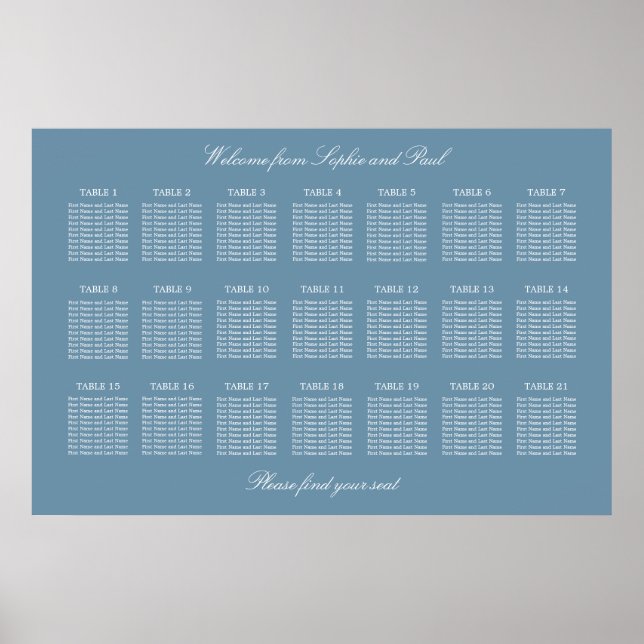 Dusty Blue 21 Table Wedding Seating Chart Poster (Vorne)