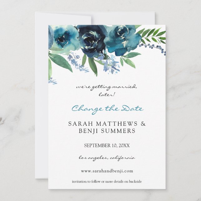 Dusty Blue 2 Floral Ändern Sie das Datum (groß) Einladung (Vorderseite)