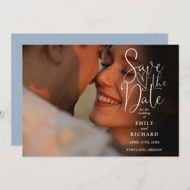 Dusty Blue 2 Foto Elegante Script Wedding QR Code Save The Date (Vorne/Hinten)