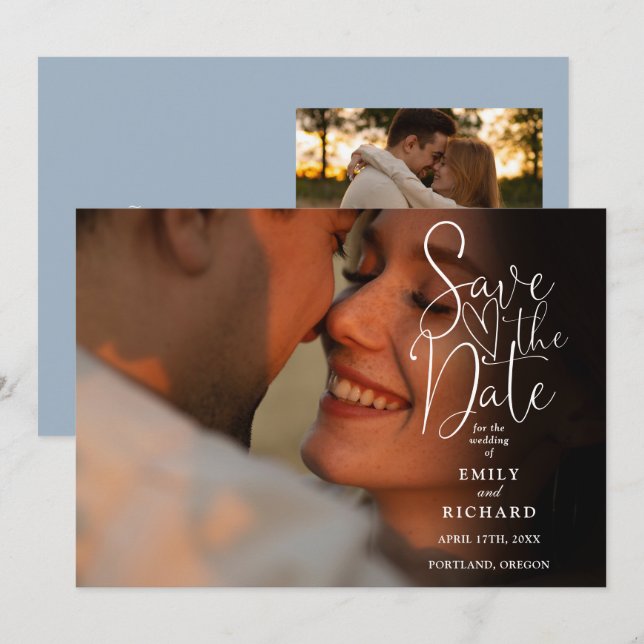 Dusty Blue 2 Foto Elegante Script Wedding Save The Date (Vorne/Hinten)