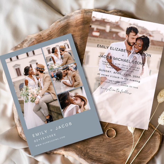 Dusty Blue 5 Foto Moderne Elegante Hochzeit Einladung (Von Creator hochgeladen)