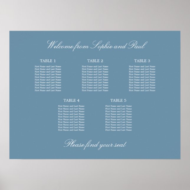 Dusty Blue 5 Table Wedding Chart Poster (Vorne)