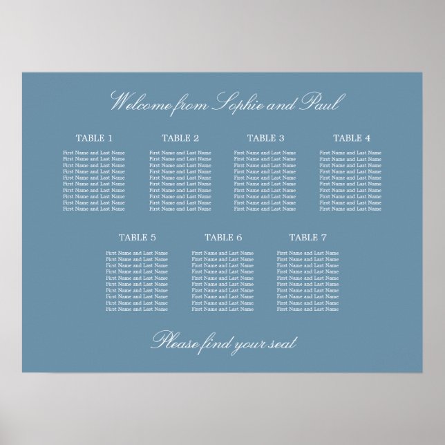 Dusty Blue 7 Table Wedding Chart Poster (Vorne)
