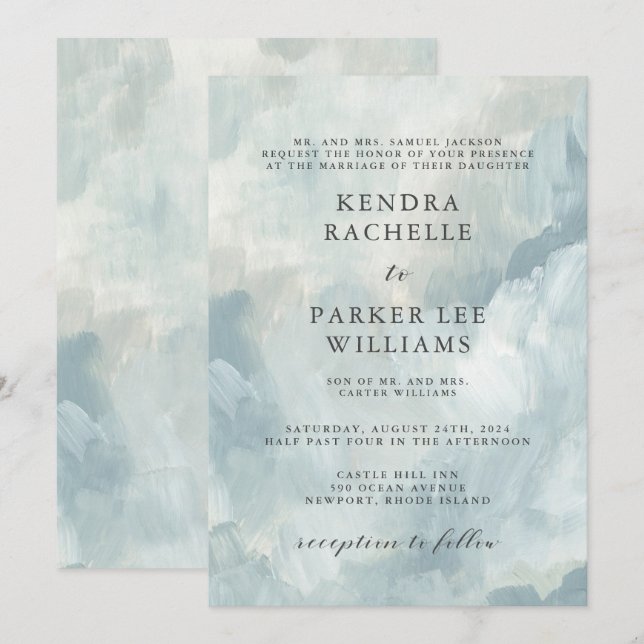 Dusty Blue Abstrakt Brushstrikes Moderne Hochzeit Einladung (Vorne/Hinten)