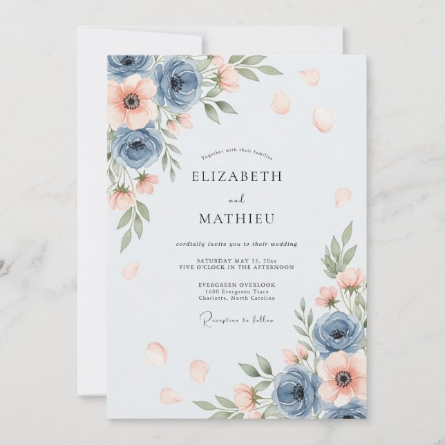 Dusty Blue Airy Spring Wedding Einladung (Vorderseite)