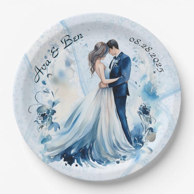 Dusty Blue Alcohol Bride & Groom Wedding Pappteller (Vorderseite)