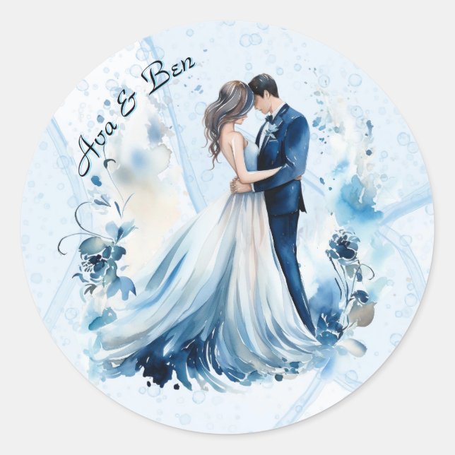 Dusty Blue Alcohol Bride & Groom Wedding Runder Aufkleber (Vorderseite)