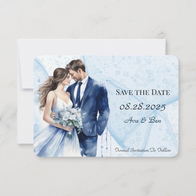 Dusty Blue Alcohol Tinte Bridge & Groom Save The Date (Vorderseite)
